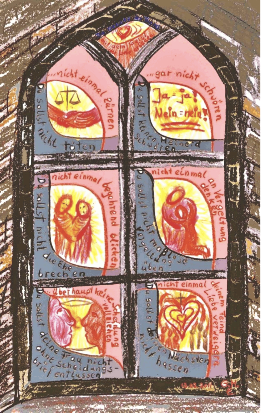 Buntes, handgezeichnetes Kirchenfenster mit sechs Feldern, Symbolen, Herzen, Figuren und kurzem Text